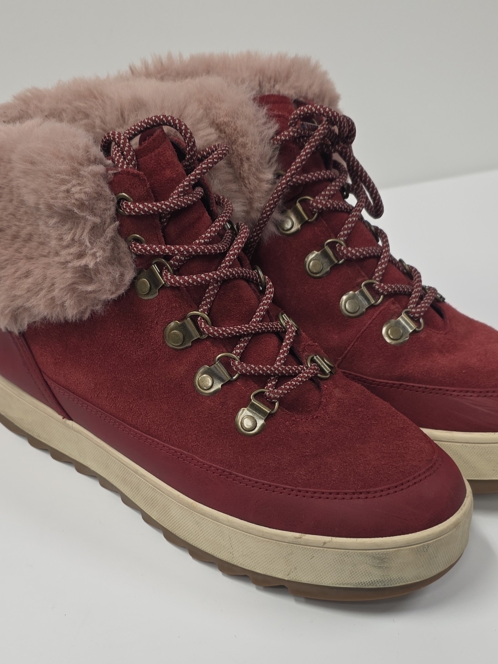 Women's Red Suede Faux-Fur Hiking Style Boots